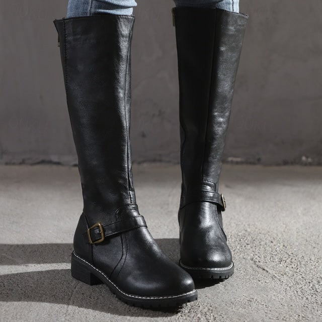 Women's Knee High Boots with Buckle Strap and Zipper Closure Tall - Image 3