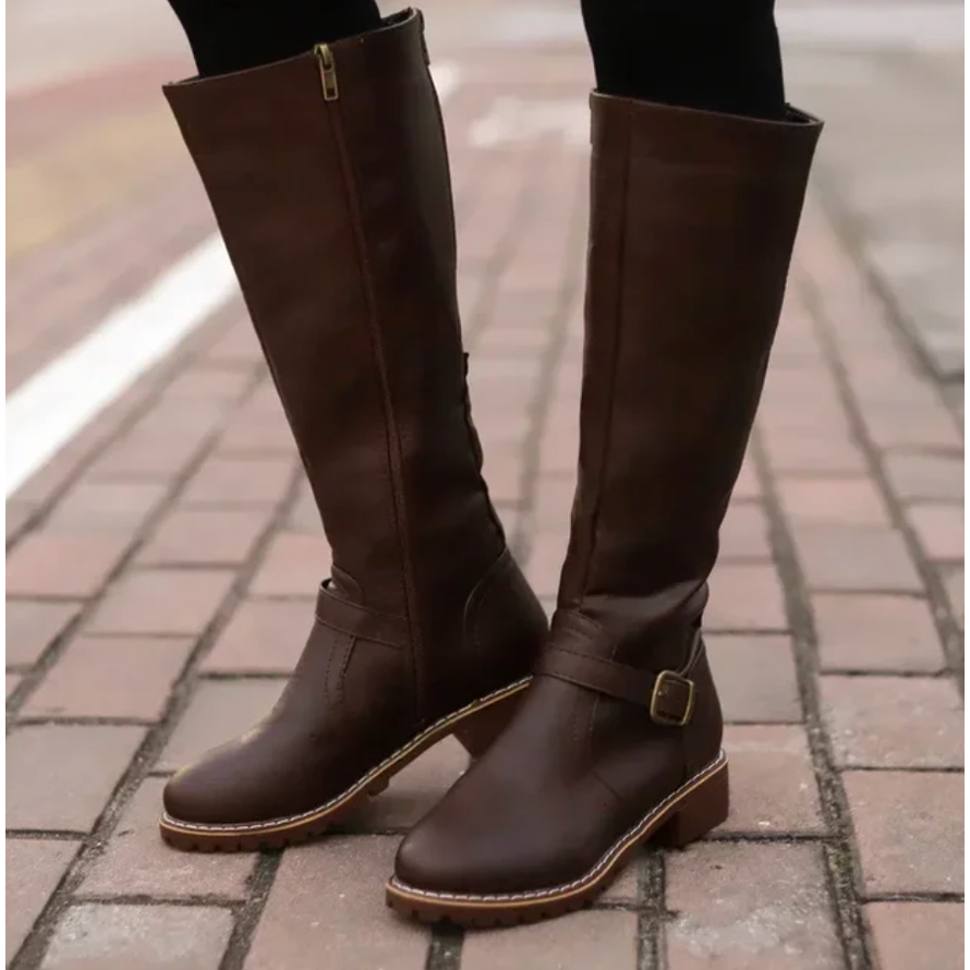 Women's Knee High Boots with Buckle Strap and Zipper Closure Tall - Image 5