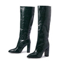 Women's Knee High Boots with Croc Embossed Texture Pointed Toe Block Heel Slip-On - Image 1