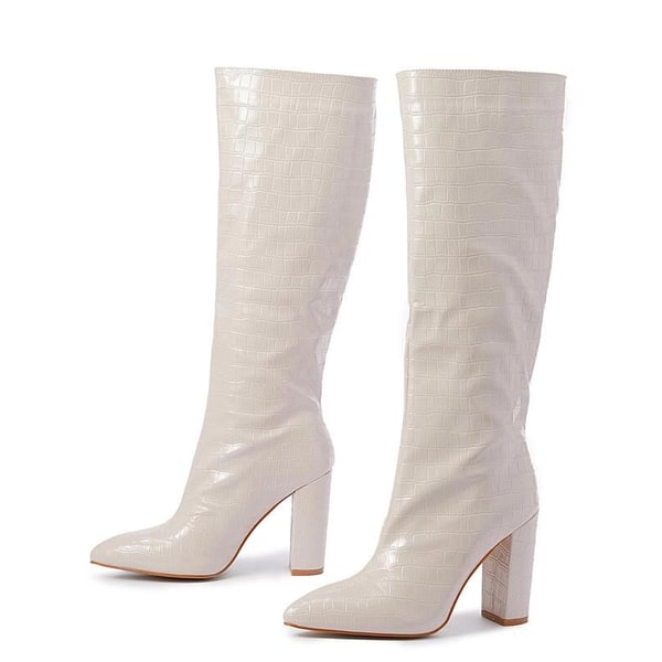 Women's Knee High Boots with Croc Embossed Texture Pointed Toe Block Heel Slip-On - Image 3