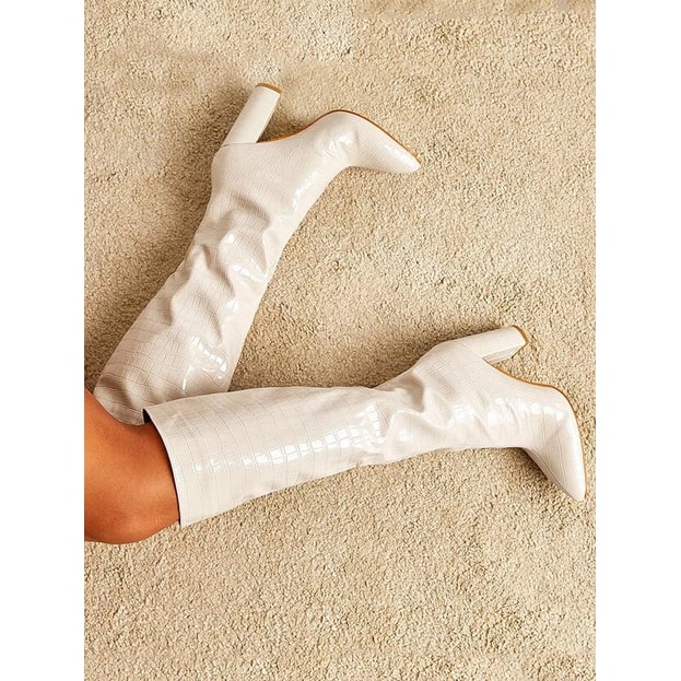 Women's Knee High Boots with Croc Embossed Texture Pointed Toe Block Heel Slip-On - Image 4