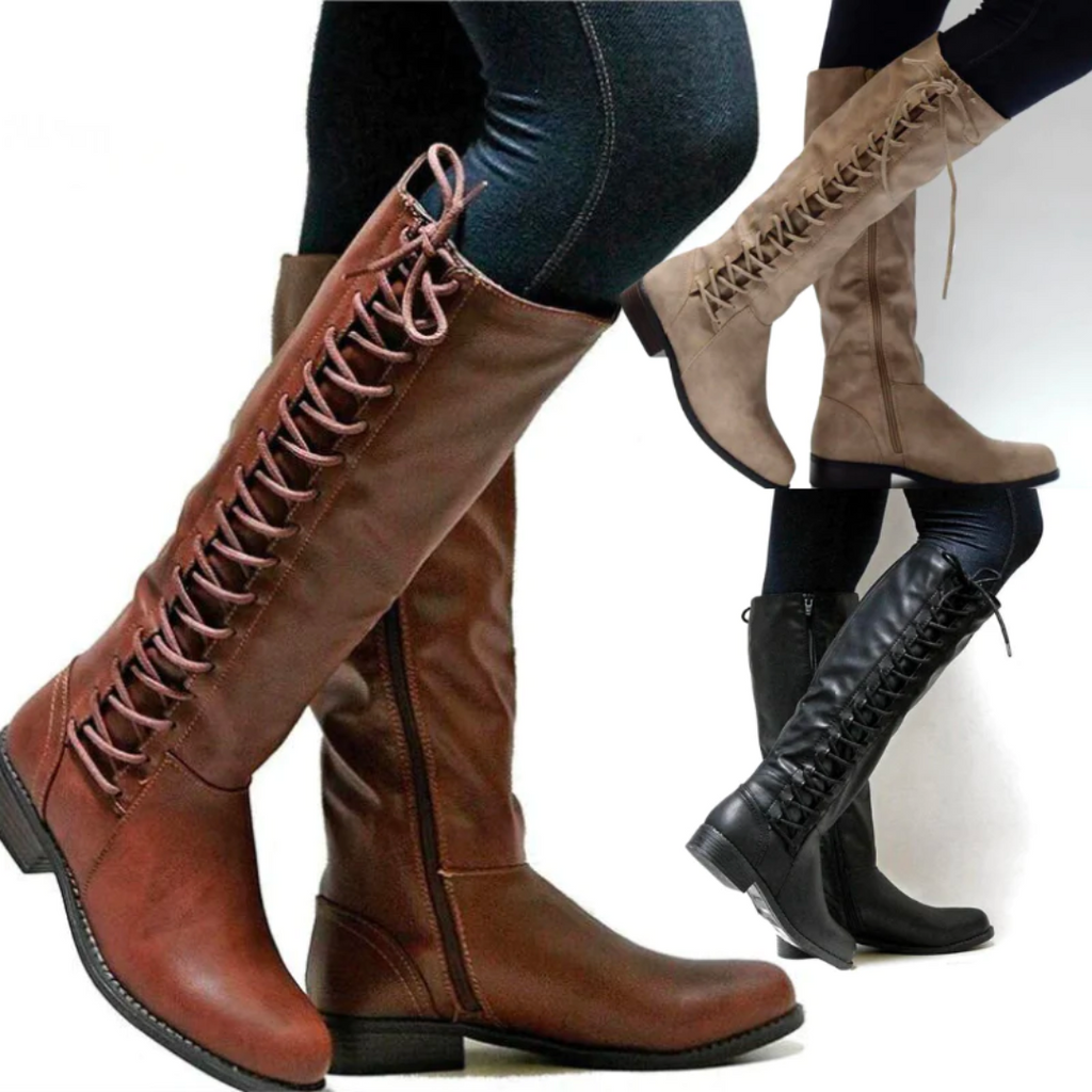 Women's Knee High Boots with Side Lace Up and Inner Zipper - Image 2