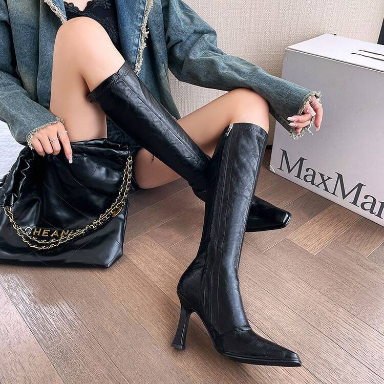 Women's Knee High Boots with Stiletto Heel Square Toe Leather Side Zip - Image 2