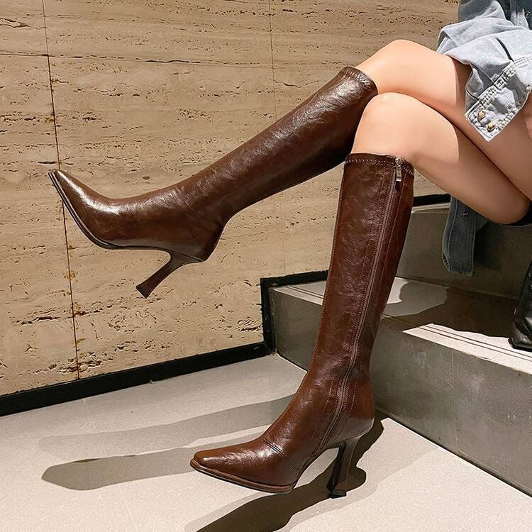Women's Knee High Boots with Stiletto Heel Square Toe Leather Side Zip - Image 5