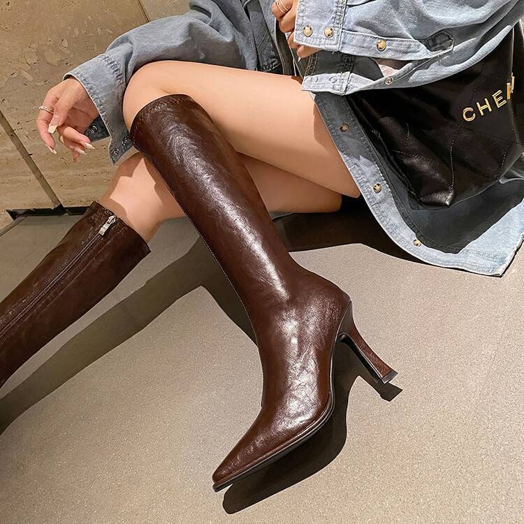 Women's Knee High Boots with Stiletto Heel Square Toe Leather Side Zip - Image 6
