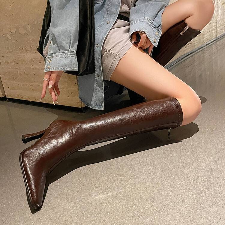 Women's Knee High Boots with Stiletto Heel Square Toe Leather Side Zip - Image 7