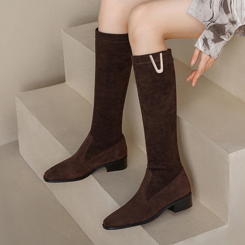 Women's Knee High Boots with Stretch Suede and Block Heel - Image 2