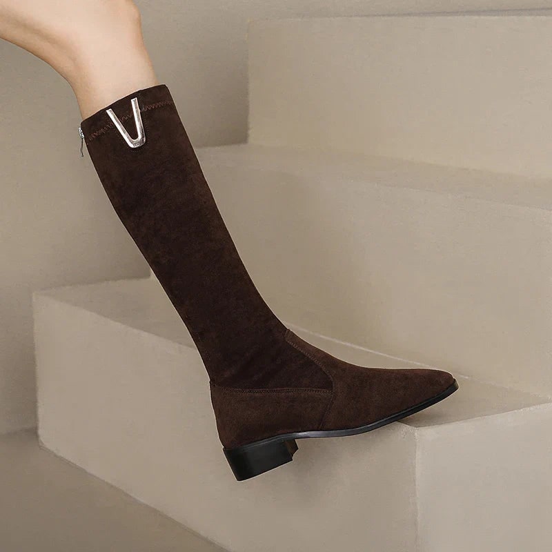 Women's Knee High Boots with Stretch Suede and Block Heel - Image 3