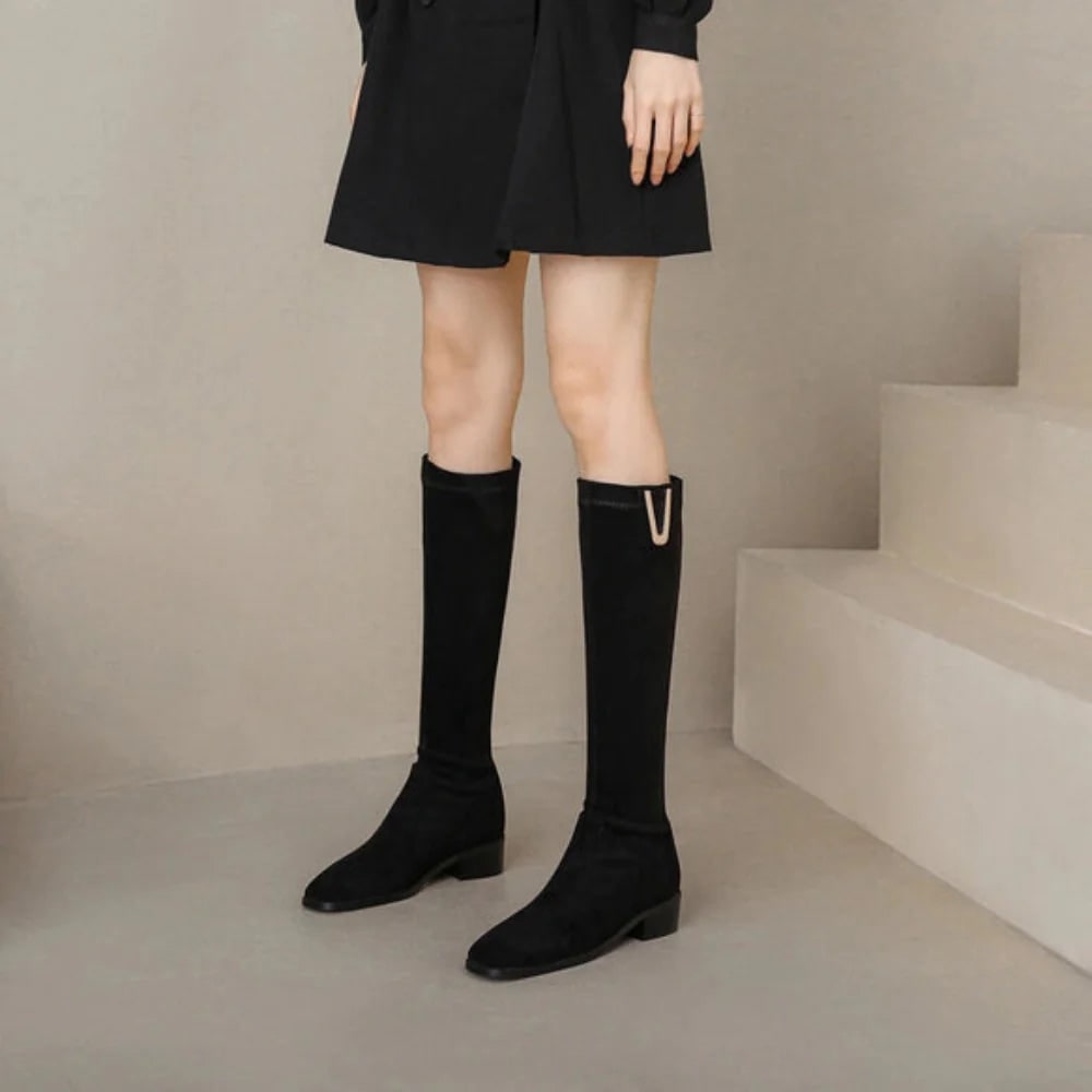 Women's Knee High Boots with Stretch Suede and Block Heel - Image 4