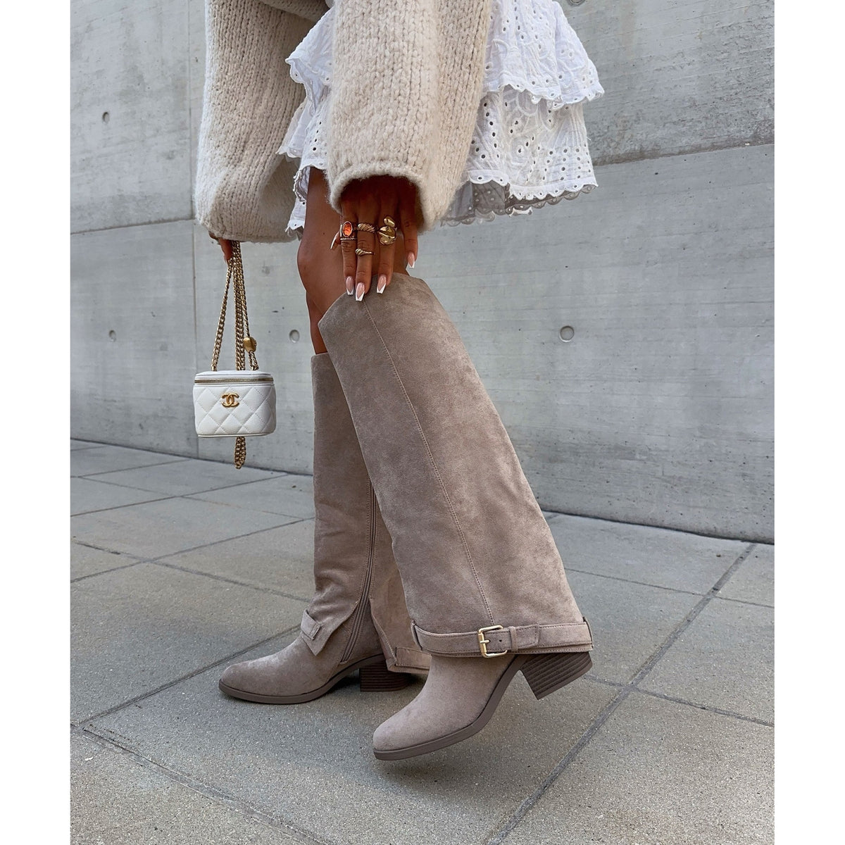 Women's Knee High Boots with Suede Block Heel and Ankle Strap - Image 1