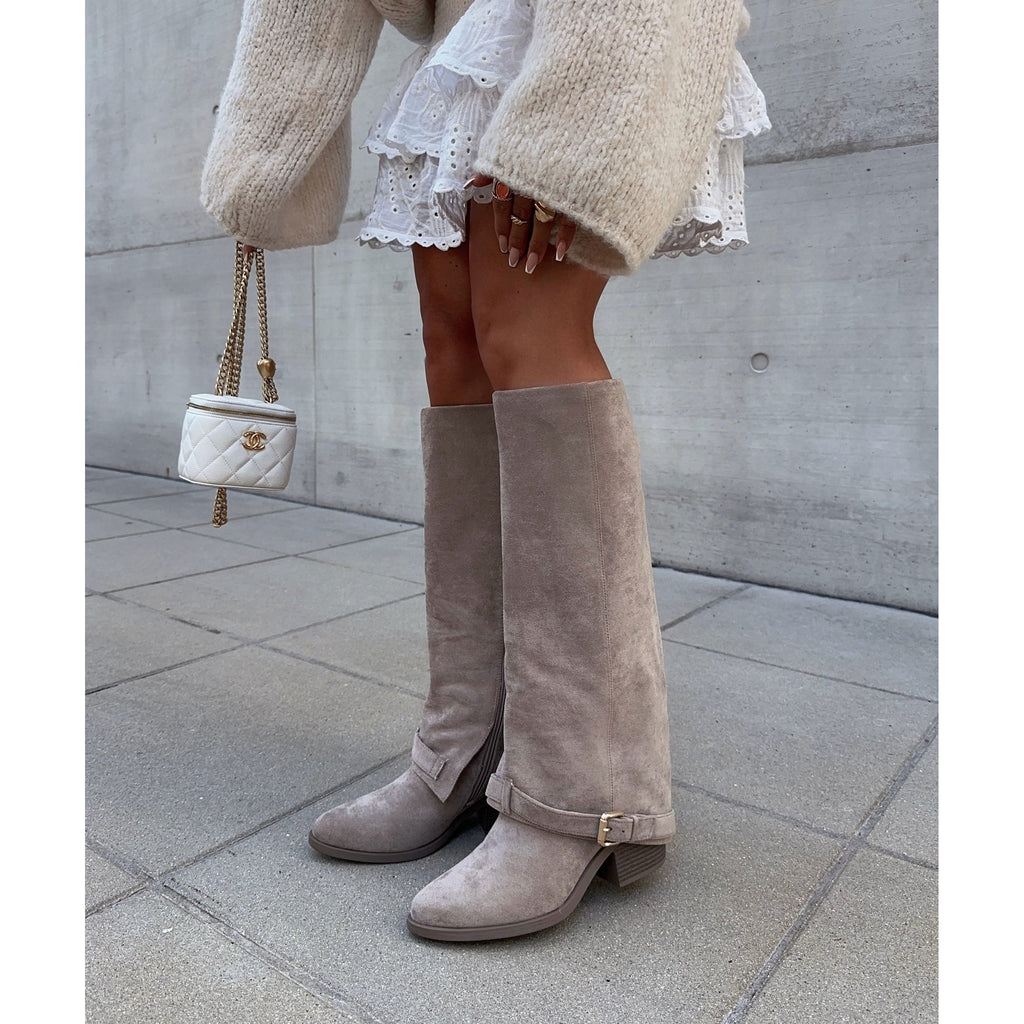 Women's Knee High Boots with Suede Block Heel and Ankle Strap - Image 2