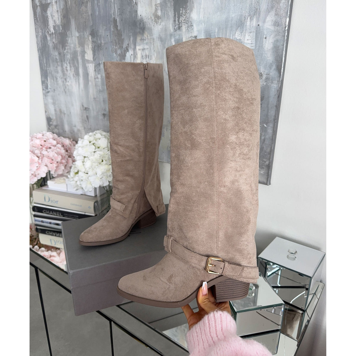 Women's Knee High Boots with Suede Block Heel and Ankle Strap - Image 5