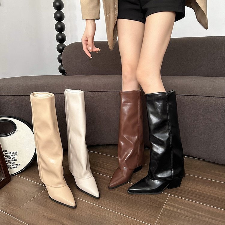 Women's Knee High Foldover Boots with Pointed Toe and Block Heel Slip - Image 1