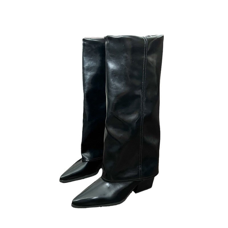 Women's Knee High Foldover Boots with Pointed Toe and Block Heel Slip - Image 5