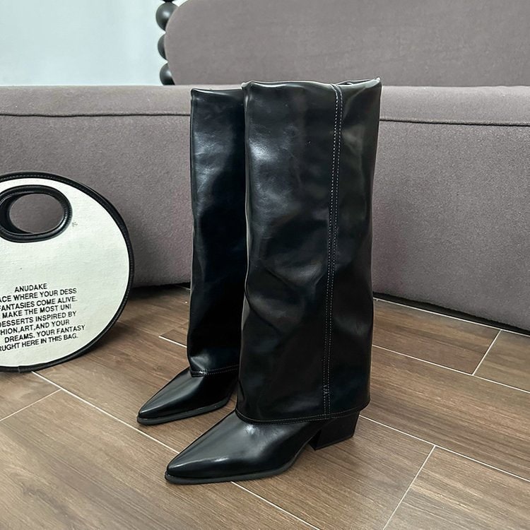 Women's Knee High Foldover Boots with Pointed Toe and Block Heel Slip - Image 7