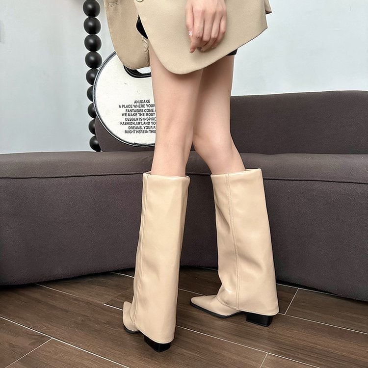 Women's Knee High Foldover Boots with Pointed Toe and Block Heel Slip - Image 8