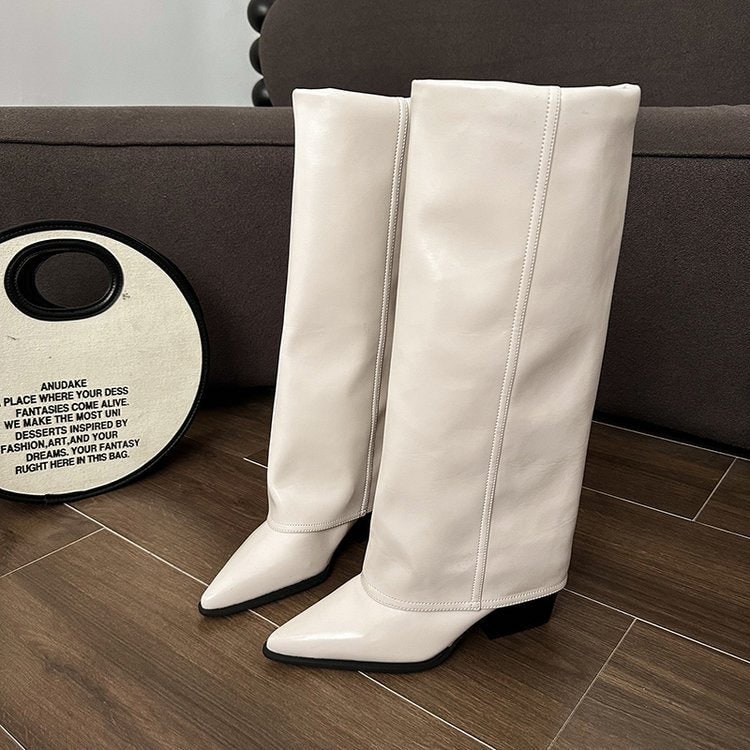 Women's Knee High Foldover Boots with Pointed Toe and Block Heel Slip - Image 9