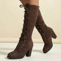 Women's Knee High Lace Up Boots with Block Heel and Metal Eyelets - Image 1
