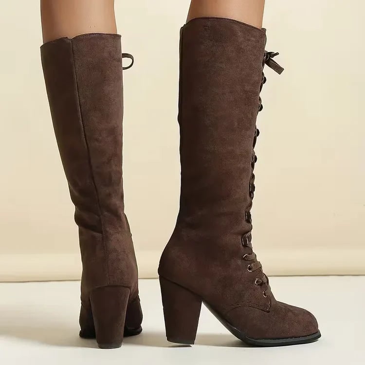 Women's Knee High Lace Up Boots with Block Heel and Metal Eyelets - Image 3