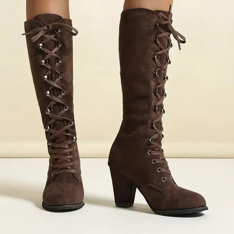 Women's Knee High Lace Up Boots with Block Heel and Metal Eyelets - Image 4