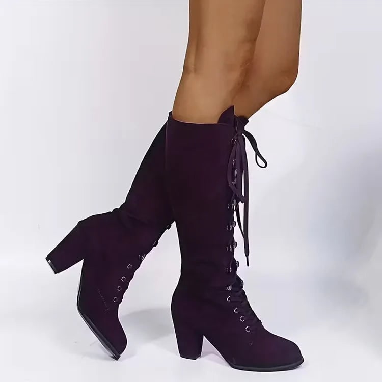 Women's Knee High Lace Up Boots with Block Heel and Metal Eyelets - Image 8
