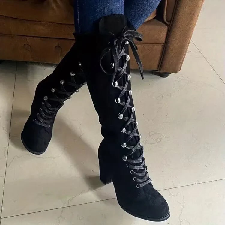 Women's Knee High Lace Up Boots with Block Heel and Metal Eyelets - Image 9