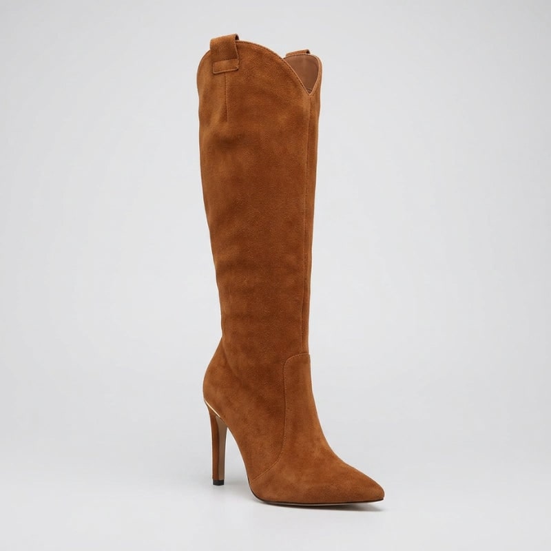 Women's Knee High Western Boots with Pointed Toe Stiletto Heel and Side Zip - Image 6