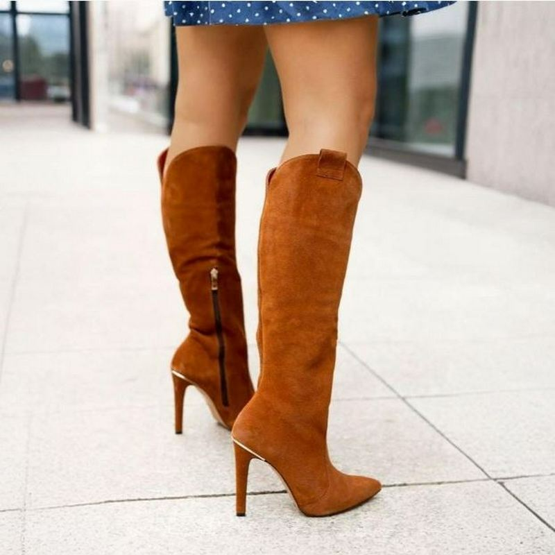Women's Knee High Western Boots with Pointed Toe Stiletto Heel and Side Zip - Image 9