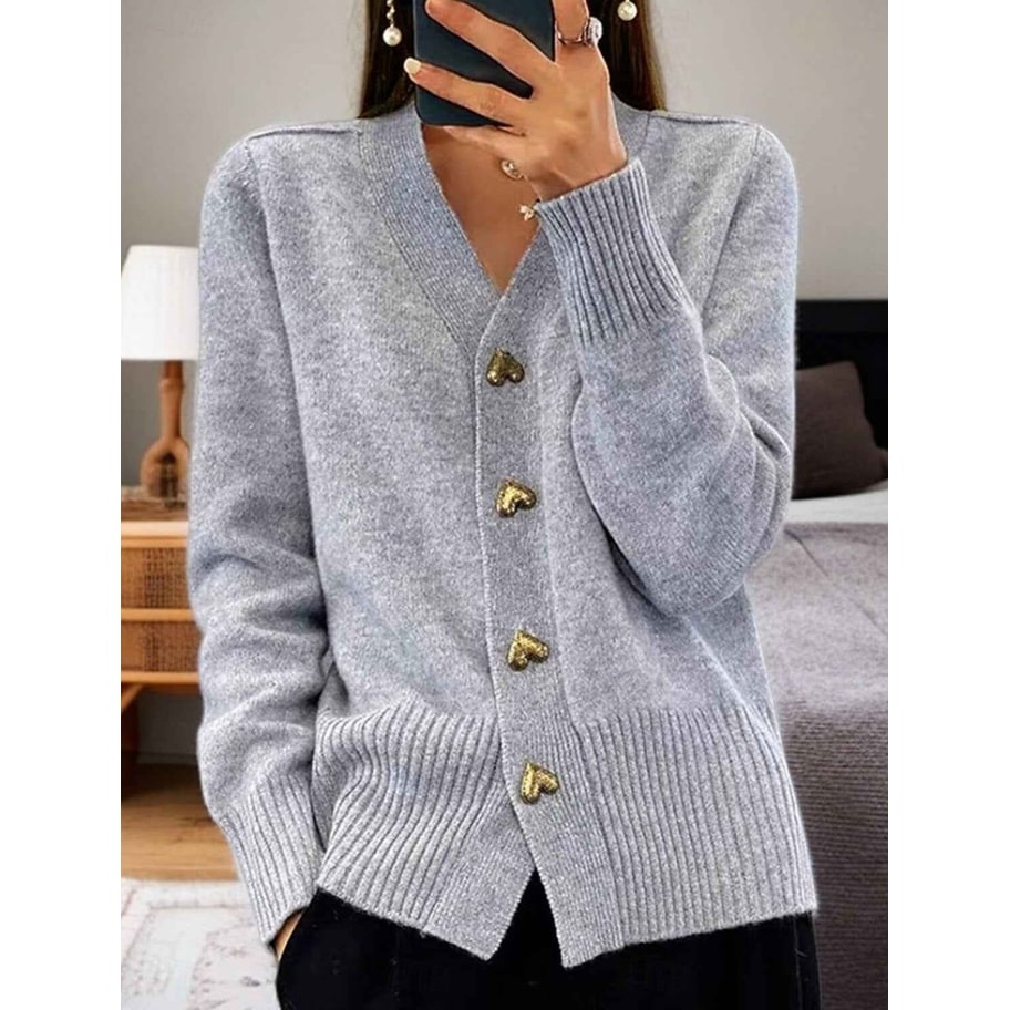 Women's Knit Cardigan Sweater with Gold Heart Buttons V-Neck - Image 1