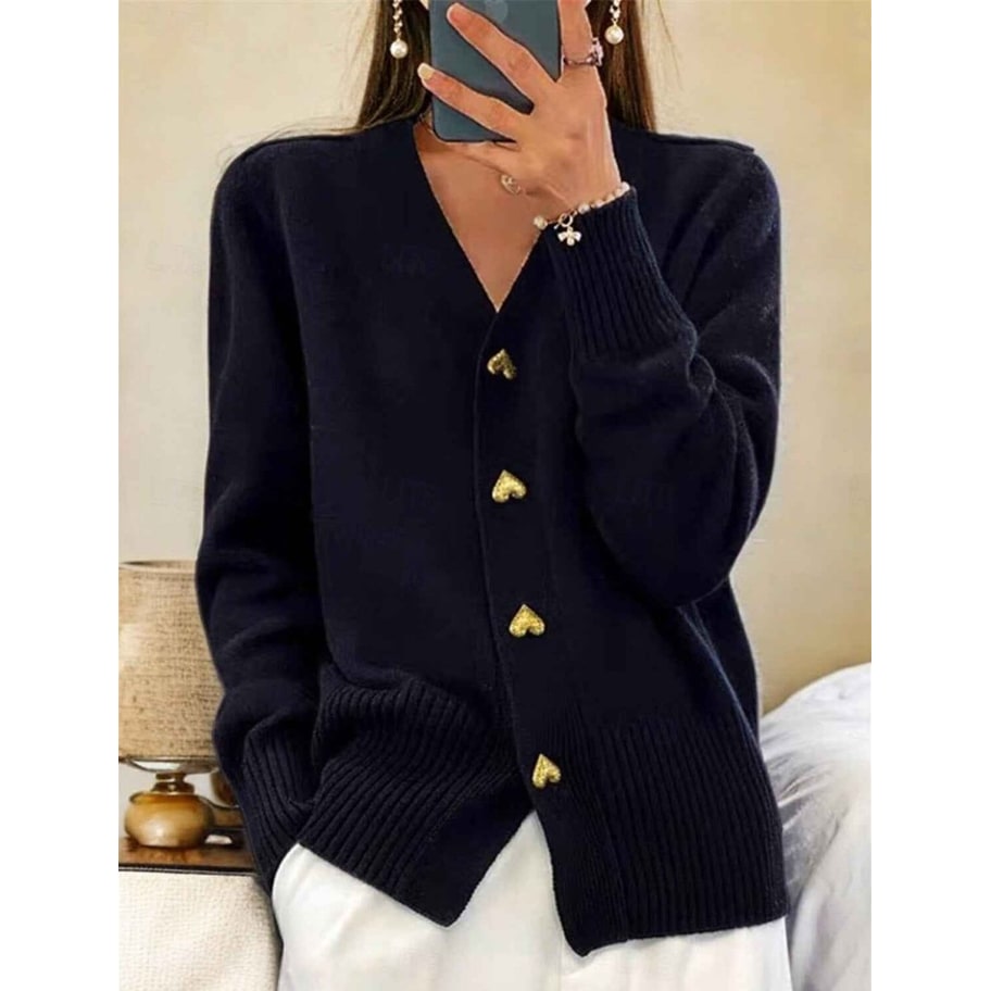 Women's Knit Cardigan Sweater with Gold Heart Buttons V-Neck - Image 2