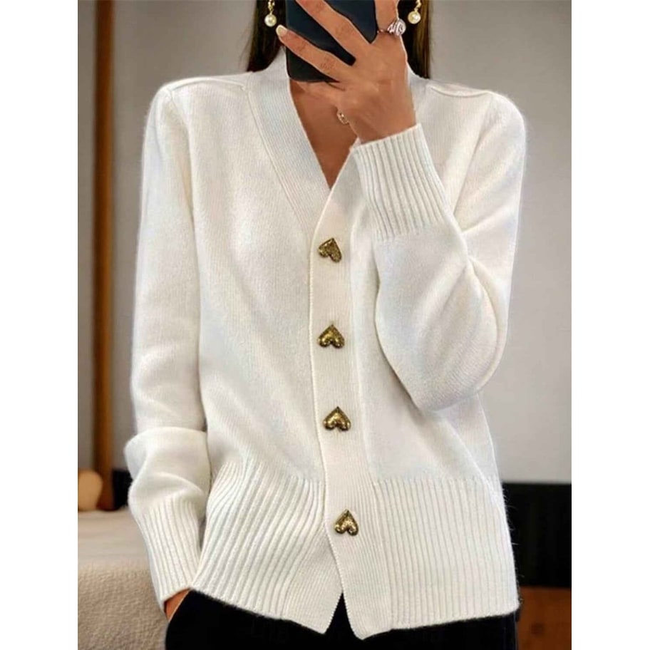 Women's Knit Cardigan Sweater with Gold Heart Buttons V-Neck - Image 3