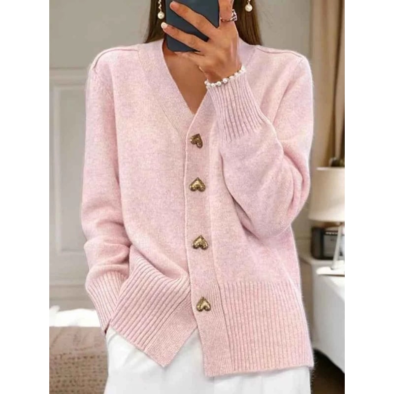 Women's Knit Cardigan Sweater with Gold Heart Buttons V-Neck - Image 4