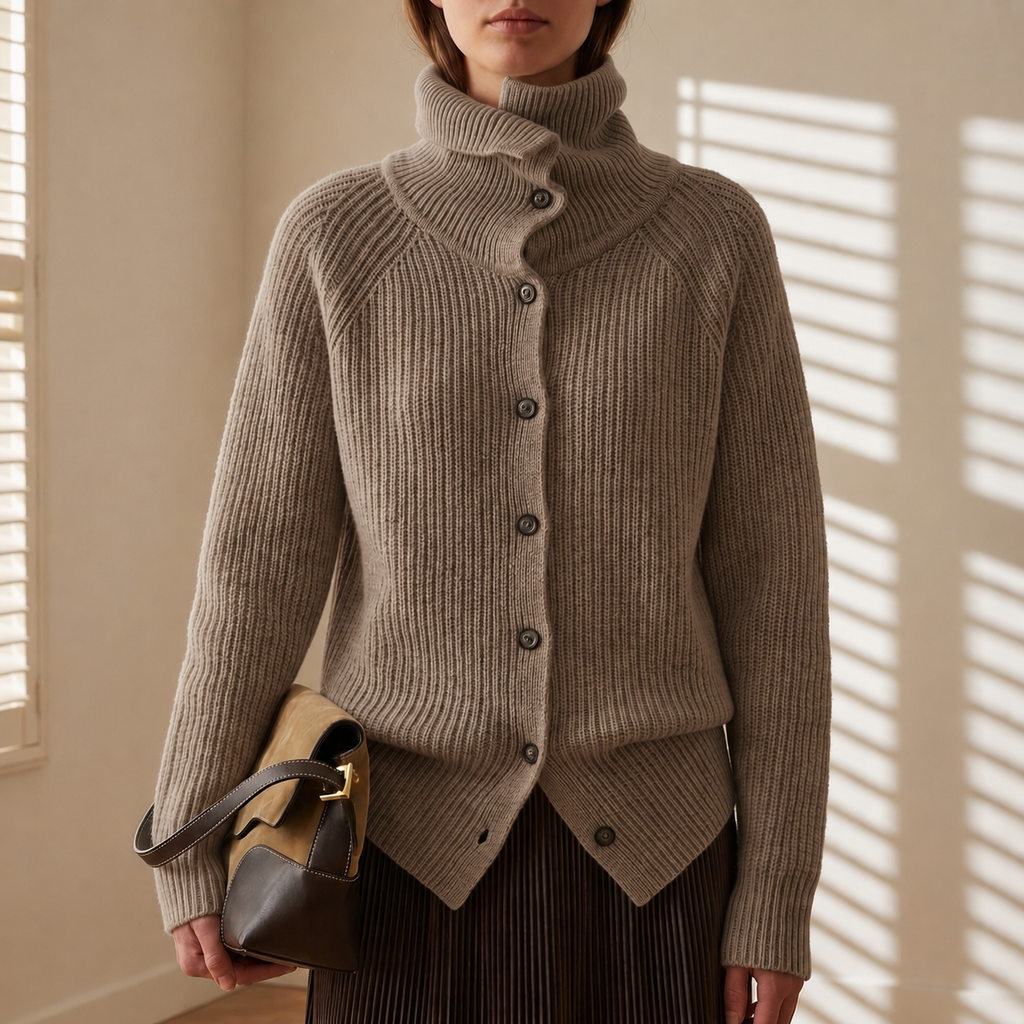 Women's Knit Cardigan with Chunky Ribbed Button Closure and Funnel Neck - Image 1