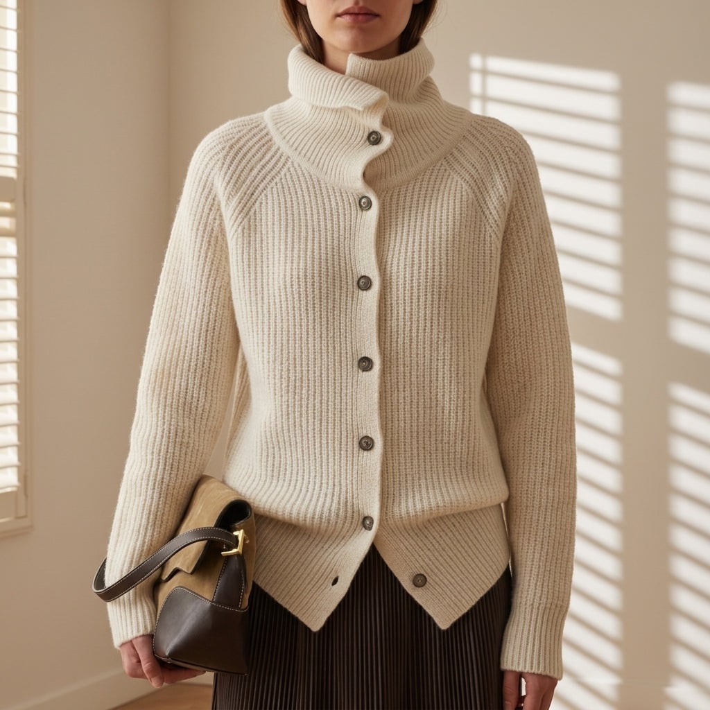 Women's Knit Cardigan with Chunky Ribbed Button Closure and Funnel Neck - Image 2