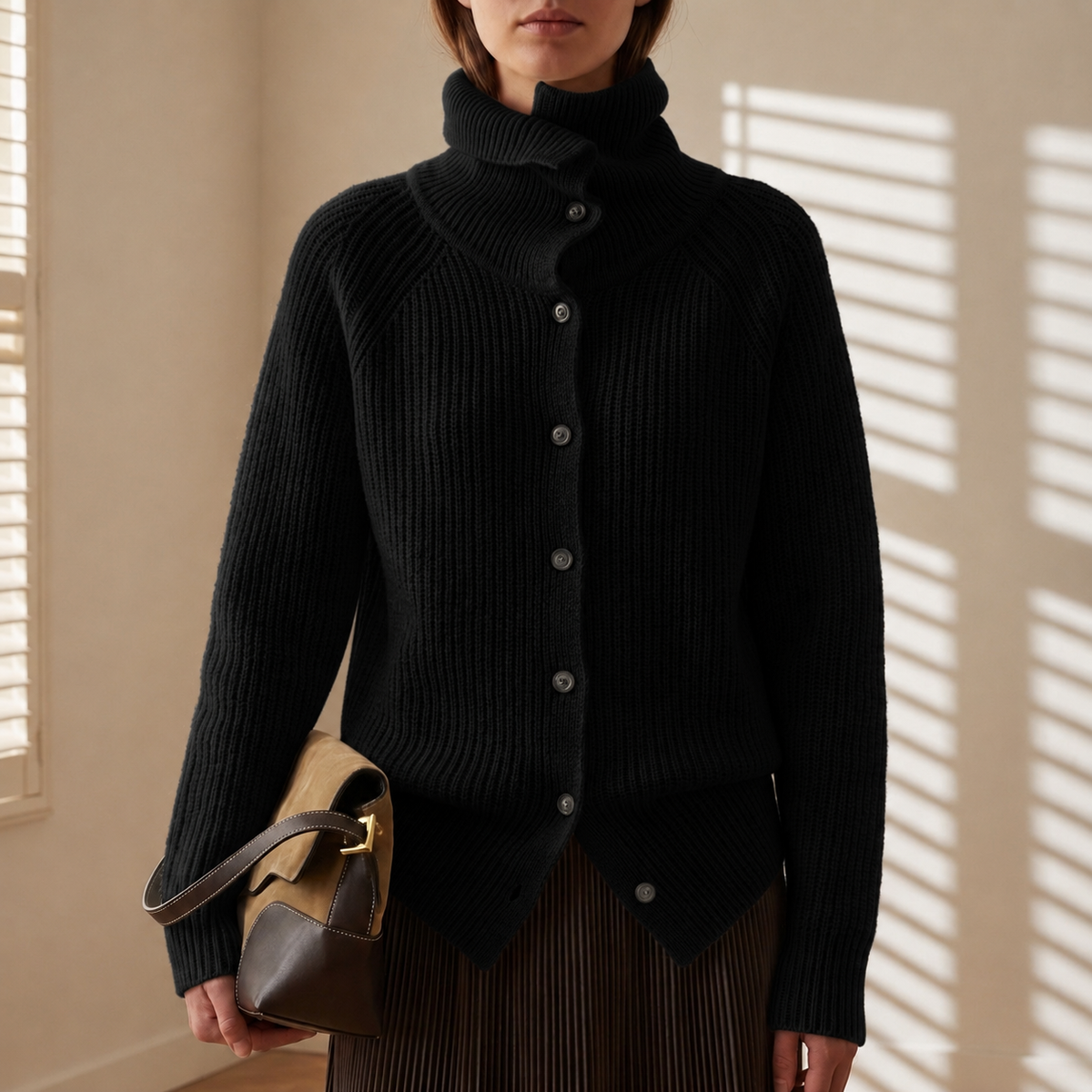 Women's Knit Cardigan with Chunky Ribbed Button Closure and Funnel Neck - Image 3
