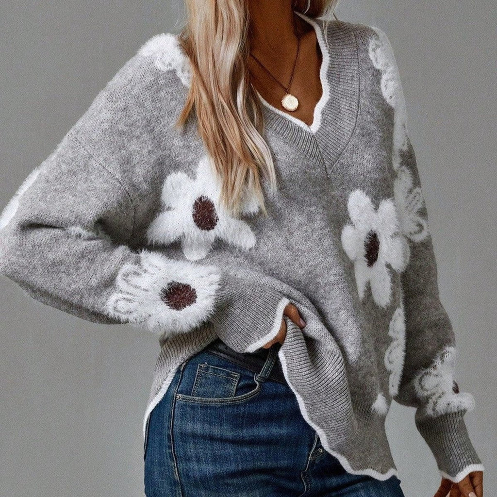 Women's Knit Long Sleeve Sweater with V-Neck Floral Pattern and Ribbed Trim - Image 1