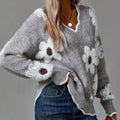 Women's Knit Long Sleeve Sweater with V-Neck Floral Pattern and Ribbed Trim - Image 1
