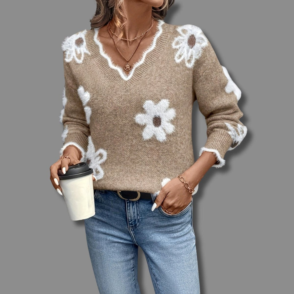 Women's Knit Long Sleeve Sweater with V-Neck Floral Pattern and Ribbed Trim - Image 4