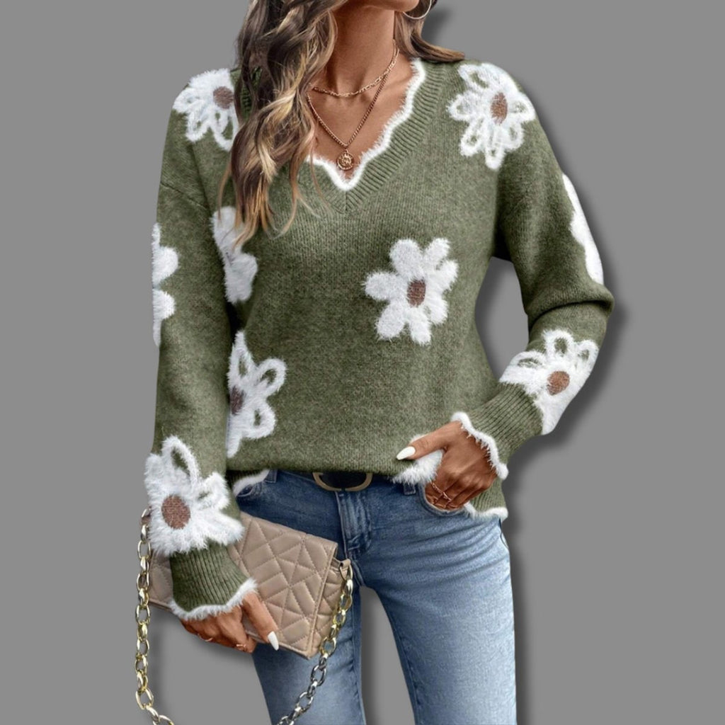 Women's Knit Long Sleeve Sweater with V-Neck Floral Pattern and Ribbed Trim - Image 5