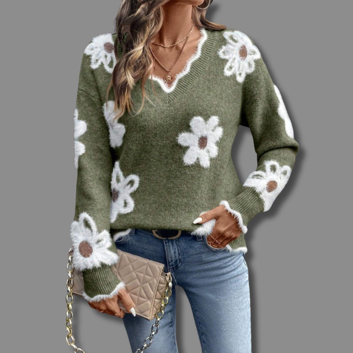 Women's Knit Long Sleeve Sweater with V-Neck Floral Pattern and Ribbed Trim - Image 5