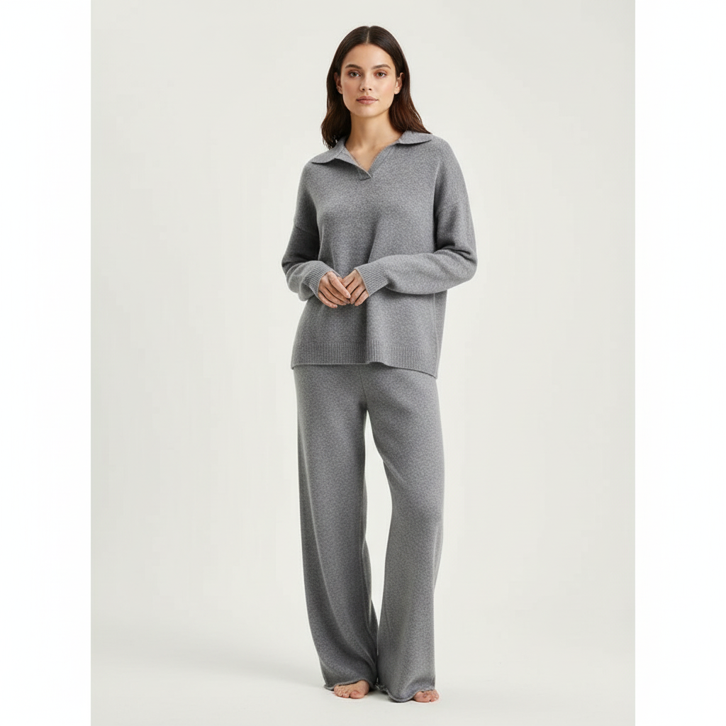 Women's Knit Lounge Set with Collared Sweater and Wide-Leg Loungewear - Image 10