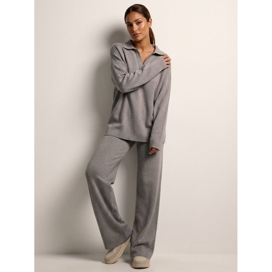 Women's Knit Lounge Set with Collared Sweater and Wide-Leg Loungewear - Image 11