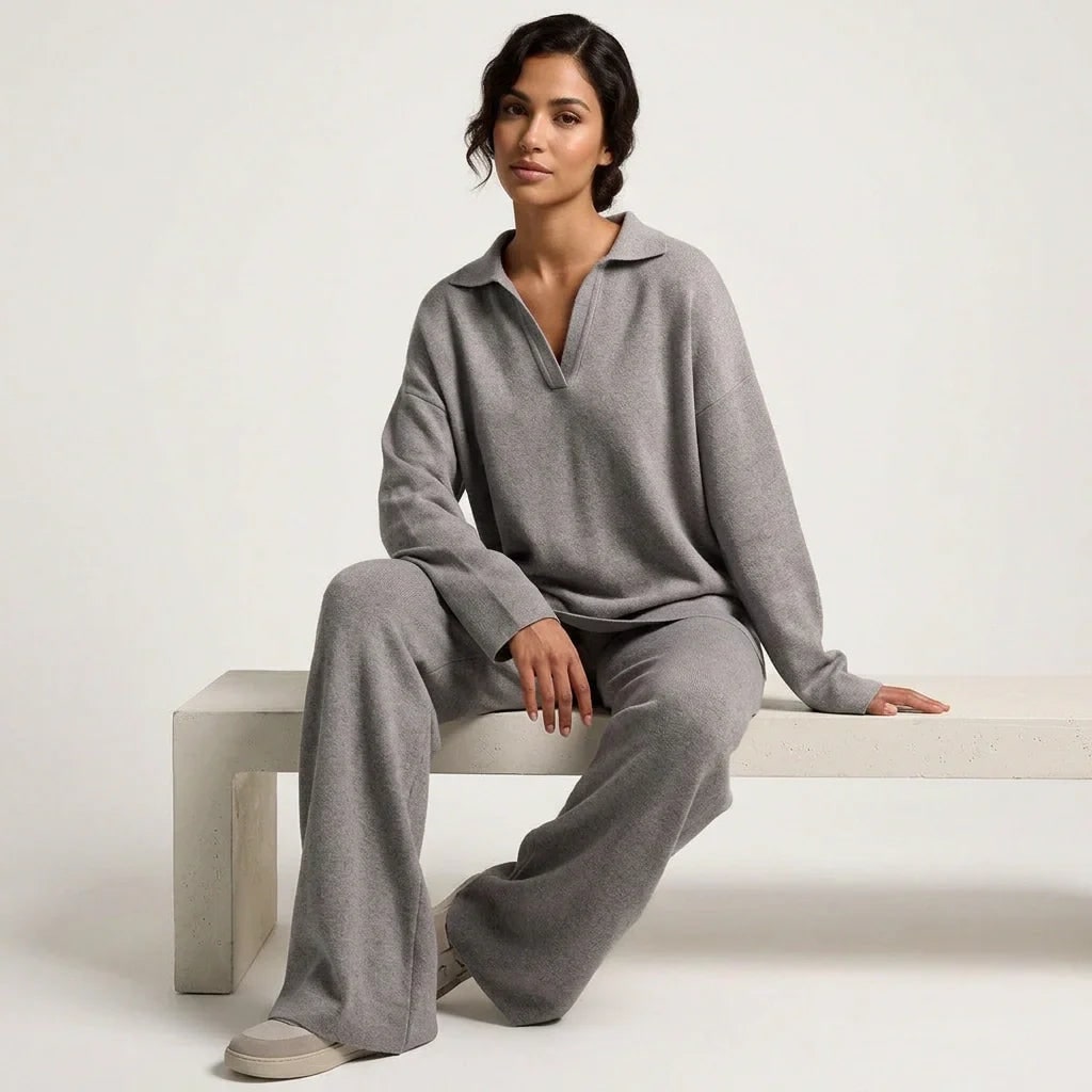 Women's Knit Lounge Set with Collared Sweater and Wide-Leg Loungewear - Image 12