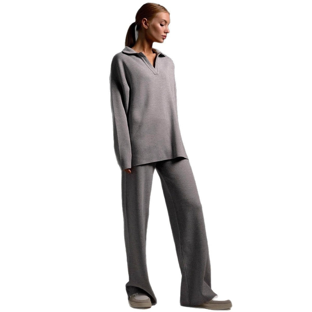 Women's Knit Lounge Set with Collared Sweater and Wide-Leg Loungewear - Image 13