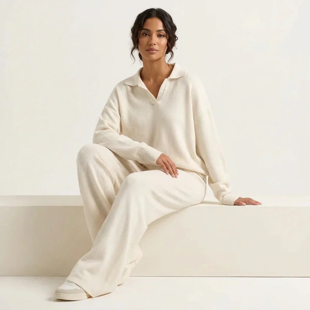 Women's Knit Lounge Set with Collared Sweater and Wide-Leg Loungewear - Image 2