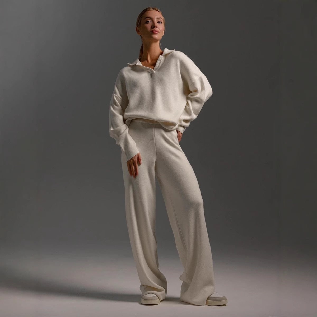 Women's Knit Lounge Set with Collared Sweater and Wide-Leg Loungewear - Image 3