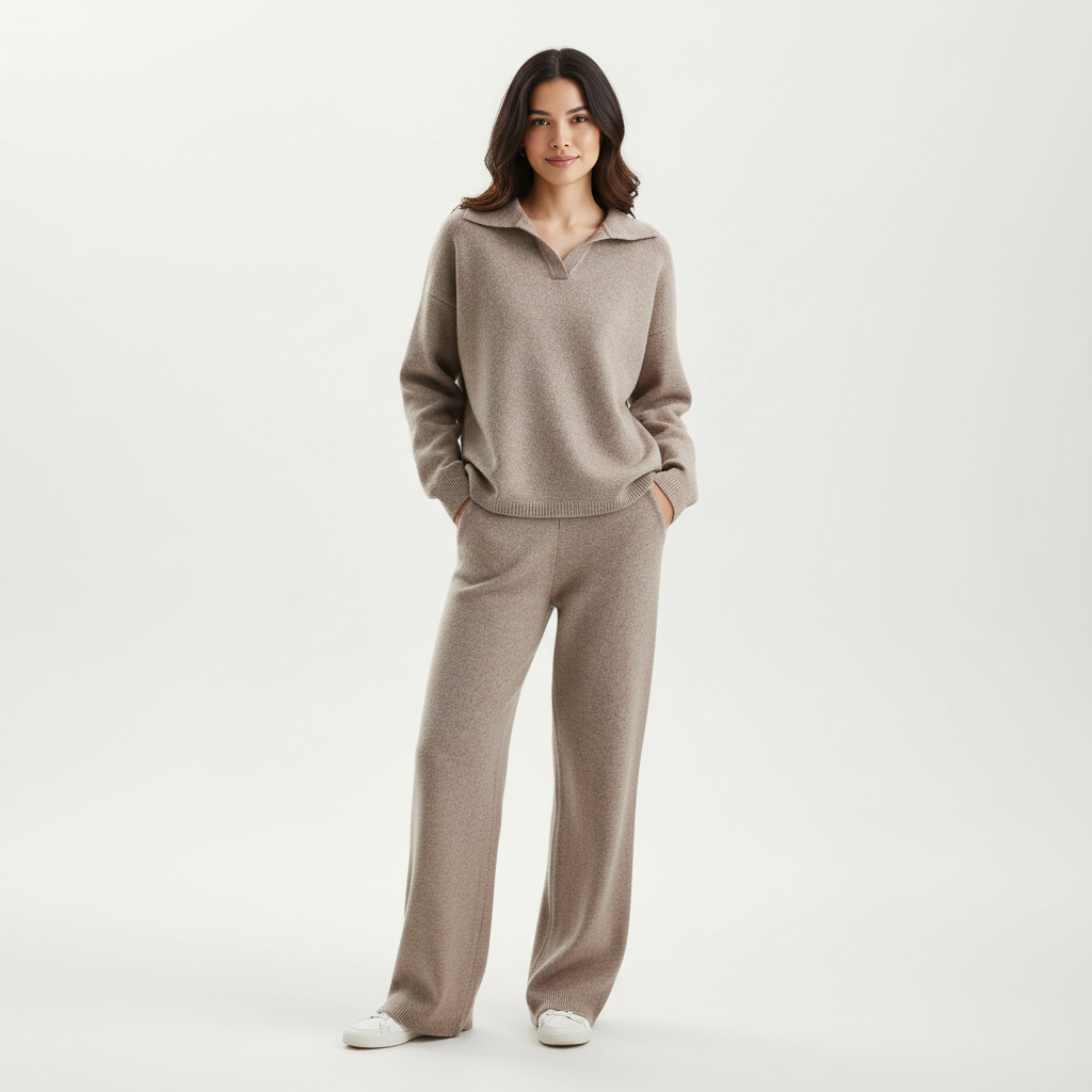 Women's Knit Lounge Set with Collared Sweater and Wide-Leg Loungewear - Image 4