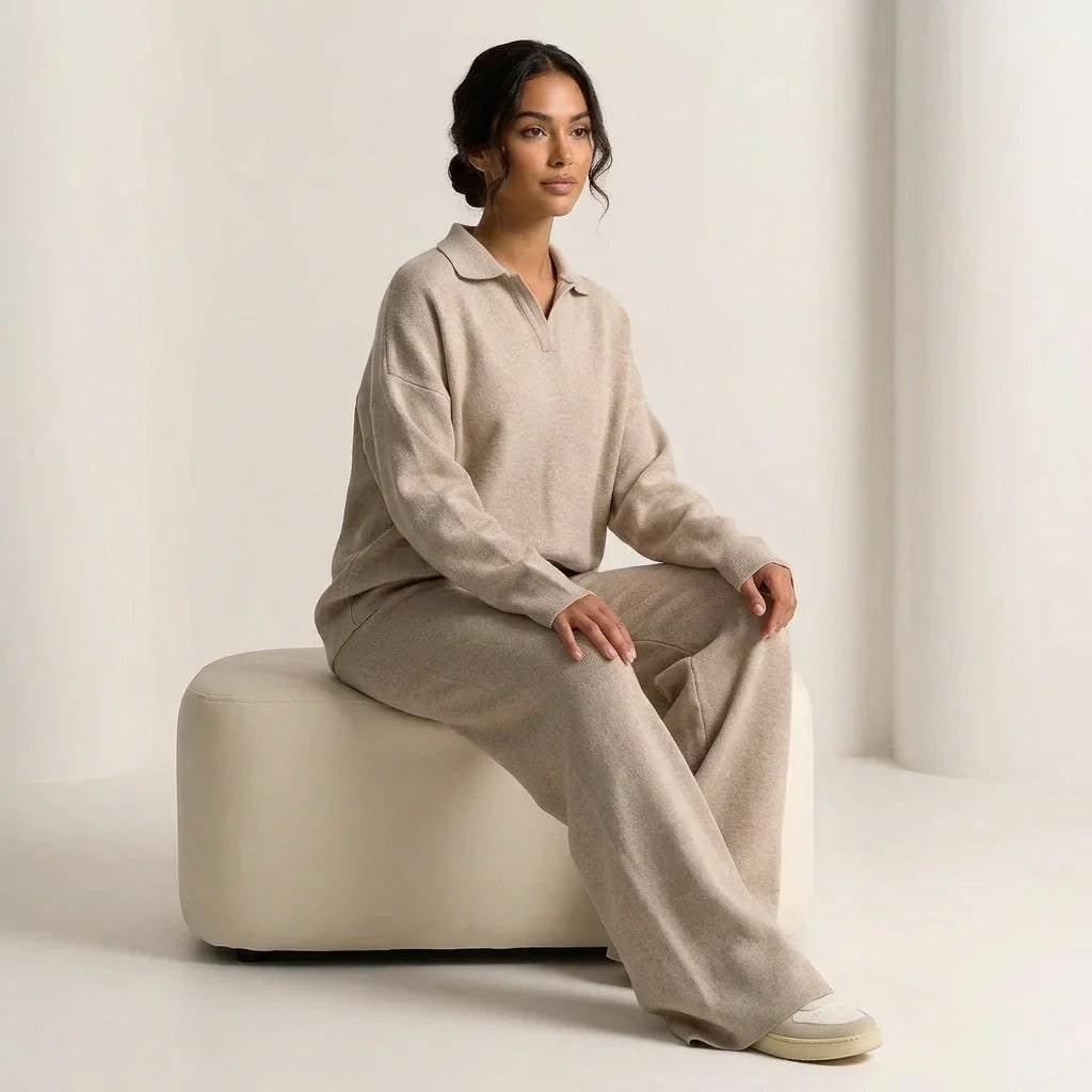 Women's Knit Lounge Set with Collared Sweater and Wide-Leg Loungewear - Image 5