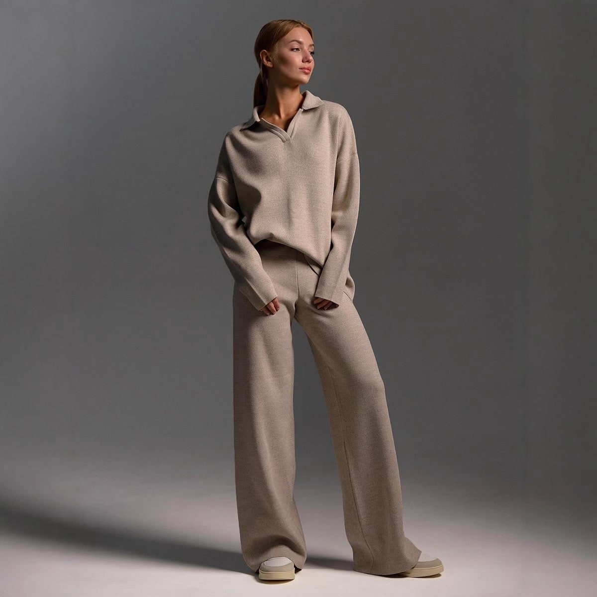Women's Knit Lounge Set with Collared Sweater and Wide-Leg Loungewear - Image 6