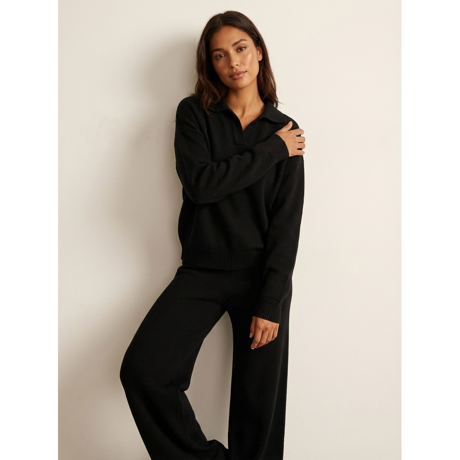 Women's Knit Lounge Set with Collared Sweater and Wide-Leg Loungewear - Image 7